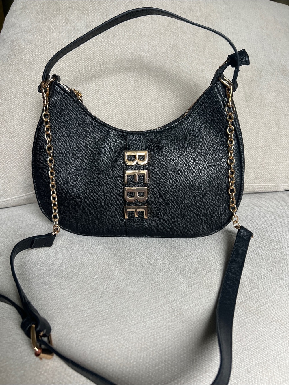 bebe Black Saffiano-Style Hobo with Gold Chain and Logo